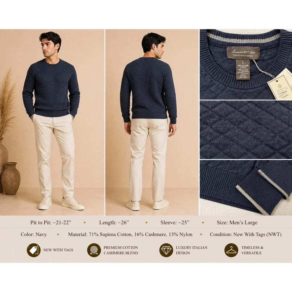 Daniel Cremieux Signature Navy Supima Cotton Cashmere Quilted Sweater Mens Large